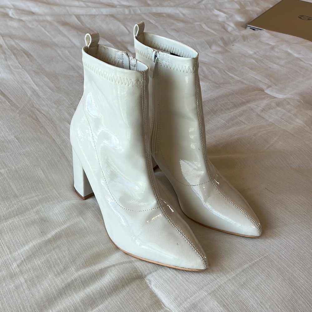 Patent Pointed Toe Block Heel Ankle Boots in White